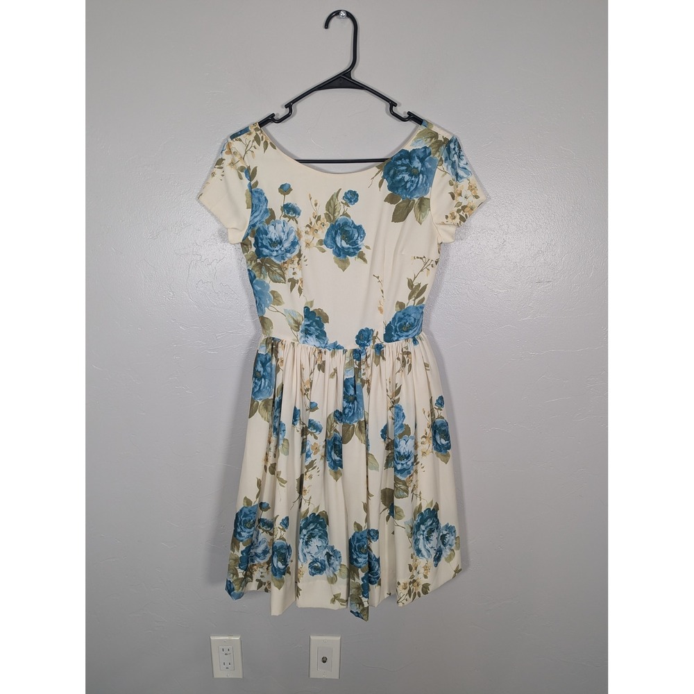 ModCloth Susan Gregg Koger Blue Rose Floral Fit and Flare Dress XS Cream